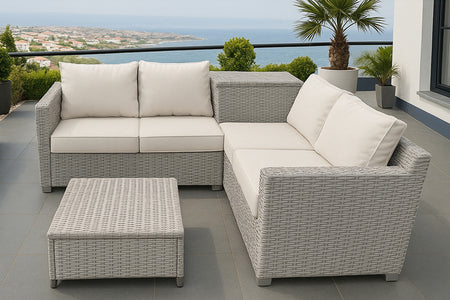 Conjunto de muebles de jardín de 4 plazas en resina trenzada color gris ambiente concept u