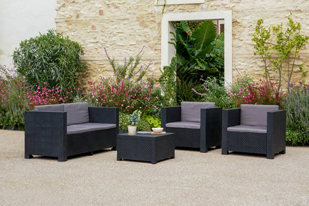 Conjunto de muebles de jardín de 4 plazas en resina trenzada gris y negro ambiente solis concept u