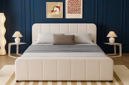 Cama con arcón de almacenamiento 140x190cm en terciopelo beige Tampa foto de ambiente