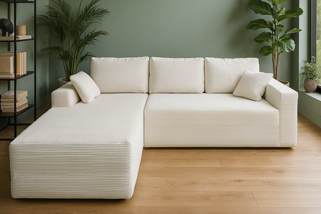 Sofá rinconero de 5-6 plazas en terciopelo acanalado beige Hove foto vista frontal