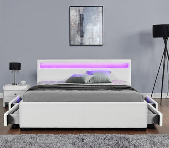 Cama led de diseño 140x190 con cajones de imitación de cuero blanca Enfield