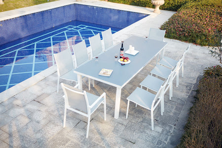 Mesa de jardín extensible para 10 personas con 2 sillones y 8 sillas de aluminio