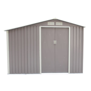 Caseta de jardín de acero anticorrosión gris con leñera techada 5,31 m² sobre fondo blanco