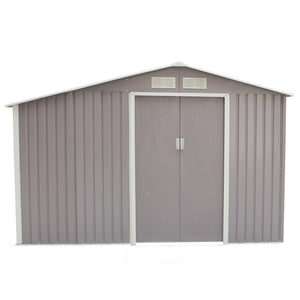 Caseta de jardín de acero anticorrosión gris con leñera techada 6,53 m² sobre fondo blanco