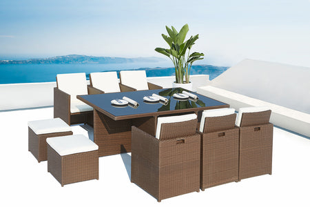 Conjunto de jardín encastrable de 10 plazas de resina trenzada Marrón y blanco