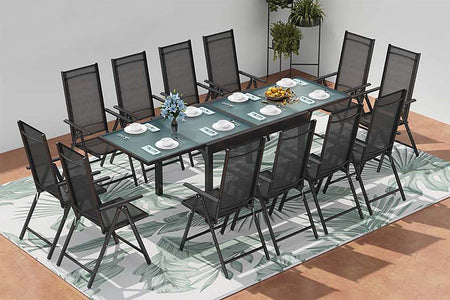 Conjunto de jardín de aluminio con mesa extensible + 12 sillas de textileno
