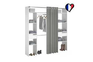 Vestidor con cortina + 2 armarios + 6 estantes + 2 cajones Elysée blanco