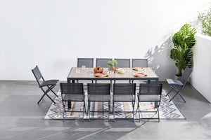 Ensemble table et chaises 10 places table aluminium et bois