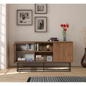 Aparador de 2 puertas de metal y madera oscura, ambiente Brezno, puerta izquierda abierta concept u