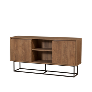 Aparador de 2 puertas de metal y madera oscura, brezno, fondo blanco, 3 cuartos concept u