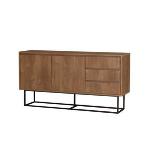 Aparador de 2 puertas y 3 cajones, diseño de madera oscura, Sabinov, fondo blanco, 3 cuartos concept u