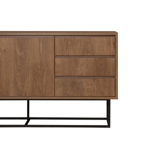 Aparador de 2 puertas y 3 cajones, diseño de madera oscura, Sabinov, fondo blanco, zoom de cajones concept u