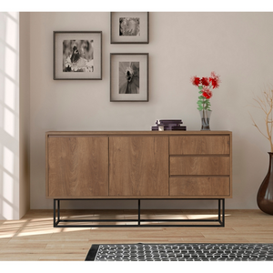 Aparador de 2 puertas y 3 cajones, diseño de madera oscura, ambiente Sabinov, puertas cerradas concept u