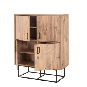 Buffet vintage de madera Bresov con fondo blanco y puertas abiertas en tres cuartos concept u