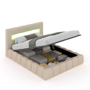 Cama con almacenamiento en la nube 160 x 200 cm terciopelo beige LED Omaha Packshot abierta concept u
