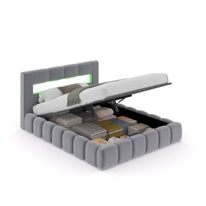 Cama con almacenamiento en la nube 160 x 200 cm terciopelo gris LED Omaha Packshot abierto concept u