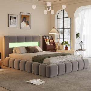 Cama con almacenamiento en la nube 160 x 200 cm terciopelo gris LED Omaha cerrada concept u