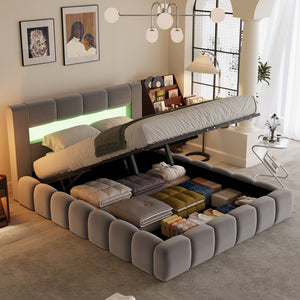 Cama de almacenamiento en la nube 160 x 200 cm terciopelo gris LED atmósfera cuadrada Omaha concept u