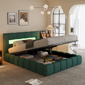 Cama de almacenamiento en la nube de 160 x 200 cm terciopelo verde LED atmósfera cuadrada Omaha concept u