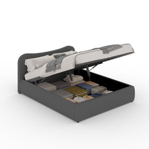 Cama redonda con almacenaje 140 x 190 cm pana gris plano packshot abierto concept u