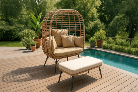 Conjunto de exterior con sillón efecto ratán y reposapiés grande en beige concept u