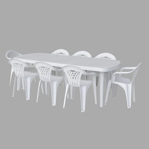 Conjunto de muebles de jardín Atlantica de resina blanca con fondo blanco y 8 sillas concept u