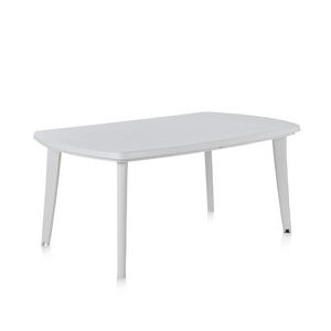 Conjunto de muebles de jardín Atlantica de resina blanca con fondo blanco y mesa concept u