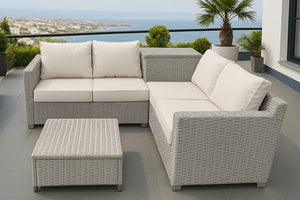 Conjunto de muebles de jardín de 4 plazas en resina trenzada color gris ambiente concept u