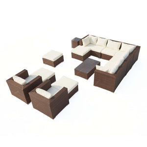 Conjunto de muebles de jardín modulares de 14 plazas en marrón y blanco con fondo blanco concept u