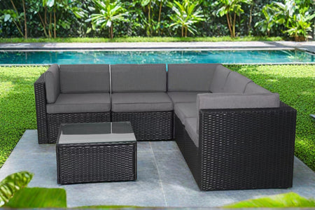 Conjunto de salón de jardín de 4 plazas en resina tejida negra con ambiente concept u