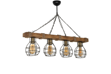 Lámpara Colgante 4 Lámparas Cableadas de Madera y Cadenas Metálicas Lou Fondo Blanco concept u