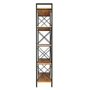 Estantería de madera con estantes negros y fondo blanco concept u