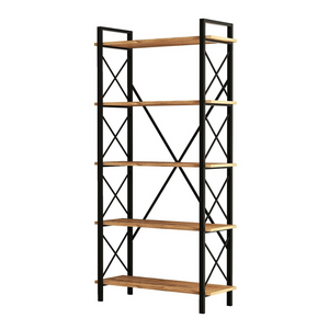 Estantería de madera con estantes negros y fondo blanco de tres cuartos concept u