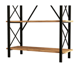 Estantería de madera con estantes negros y fondo blanco, vista ampliada a 3 cuartos, lado izquierdo concept u