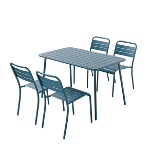 Muebles de jardín para comedor de 4 a 6 personas en acero Bergame, azul, fondo blanco, 4 sillas