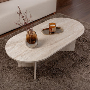 Mesa de centro ovalada con tapa de travertino concept u
