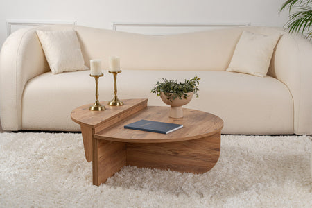 Mesa de centro redonda con podio de madera y ambiente de madera de acacia concept u