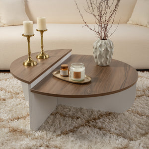 Mesa de centro redonda con podio en nogal blanco y tablero Xyn concept u