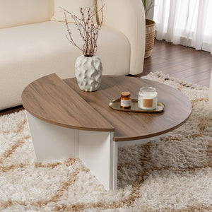 Mesa de centro redonda con podio nogal blanco perfil Xyn concept u