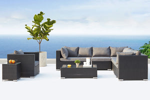 Mobiliario de jardín modular de 8 plazas, color negro y gris, ambiente Salento concept u