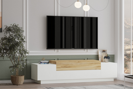 Mueble TV de diseño en madera y blanco con almacenaje