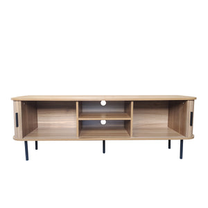 Mueble de TV con puertas corredizas de madera acanalada Manado Packshot abierto concept u