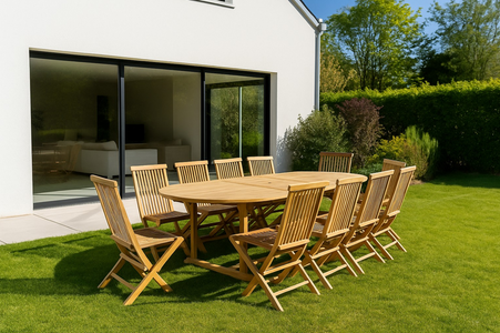 Muebles de jardín extensibles con mesa ovalada para 10 personas en teca Kajang ambiente paisajístico concept u