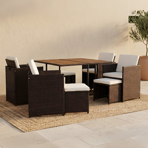 Conjunto de jardín encastrable de 8 plazas en madera de acacia y ratán sintético marrón + funda TOLEDO