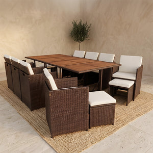 Conjunto de jardín encastrable de 12 plazas en madera de acacia y ratán sintético marrón + funda