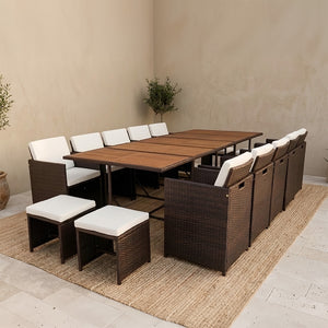 Conjunto de jardín encastrable de 14 plazas en madera de acacia y ratán sintético marrón + funda TOLEDO