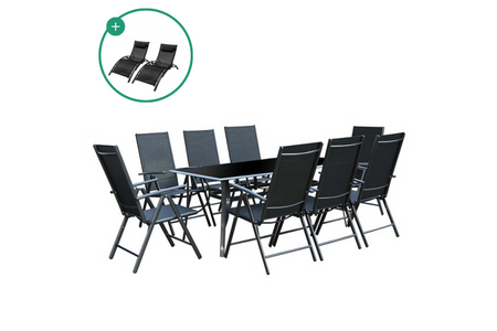 Conjunto de muebles de jardín de 8 plazas y 2 tumbonas, Rimini Bahia negro, fondo blanco