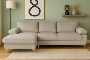 Sofá esquinero de 4 plazas en pana beige con ambiente Galway concept u