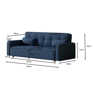 Sofá cama de 3 plazas en pana azul - dimensiones 1