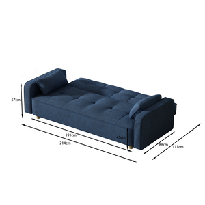 Sofá cama de 3 plazas en pana azul - dimensiones 2